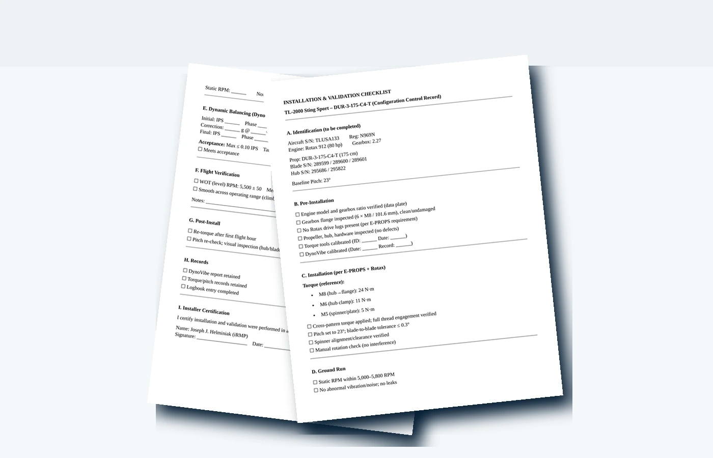 E-PROPS installation and validation checklist pages for aircraft-specific propeller setup